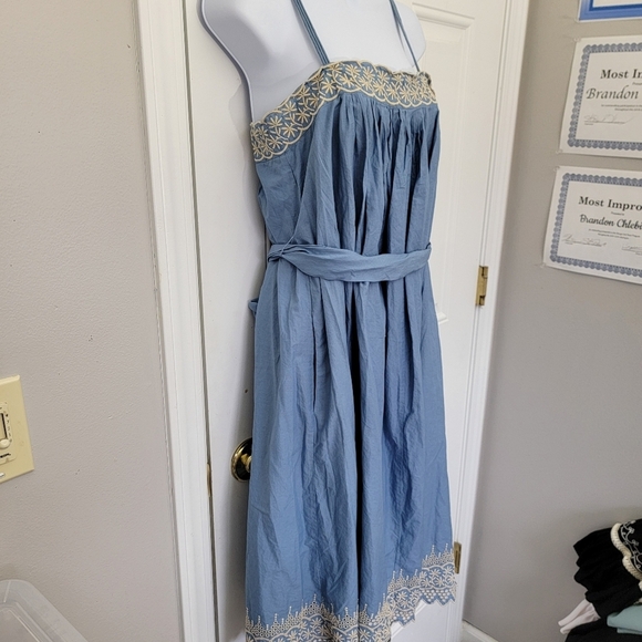 Banana Republic 100% Cotton Blue Cream Embroidered Sleeveless Full Fit Flare 8 - Picture 3 of 16